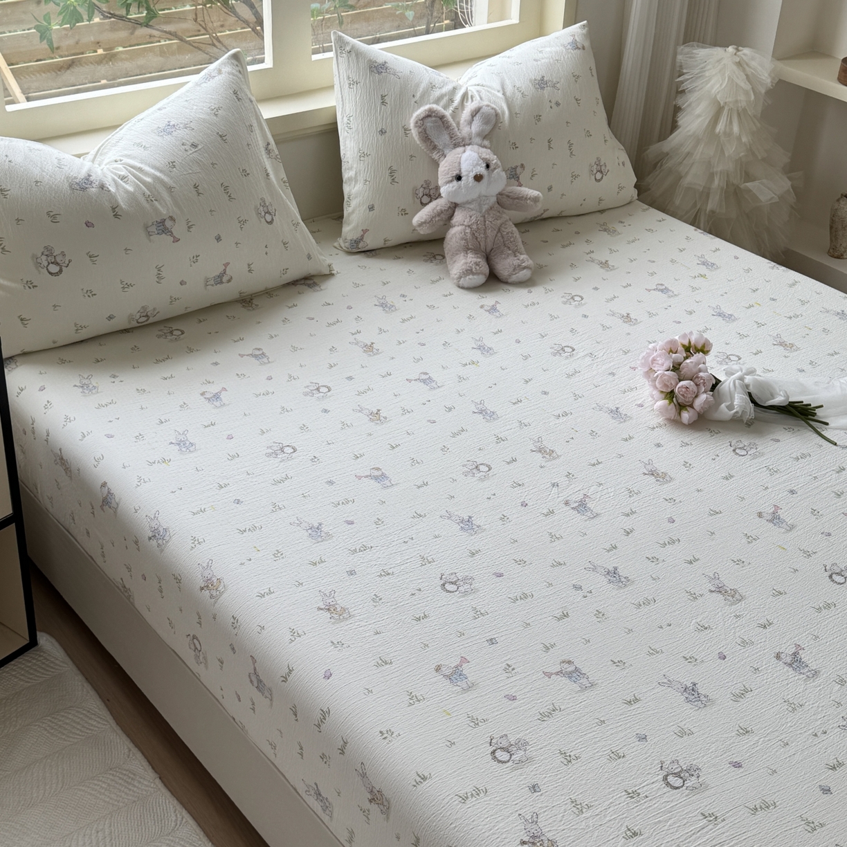 91家纺网 家纺一手货源 找家纺 叠派家纺 2025新款A类双层纱提花单品系列-单床笠 音乐小兔