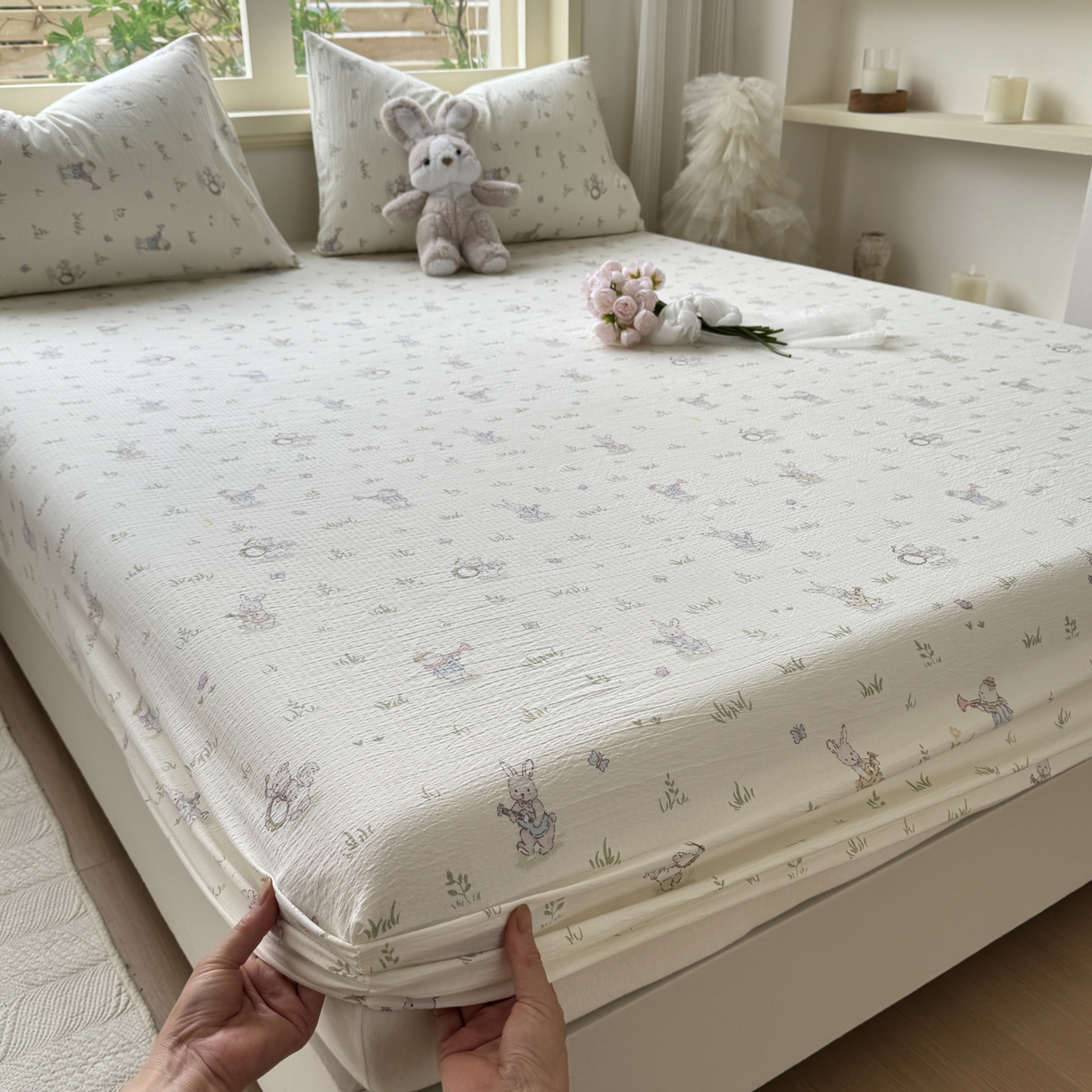 91家纺网 家纺一手货源 找家纺 叠派家纺 2025新款A类双层纱提花单品系列-单床笠 音乐小兔