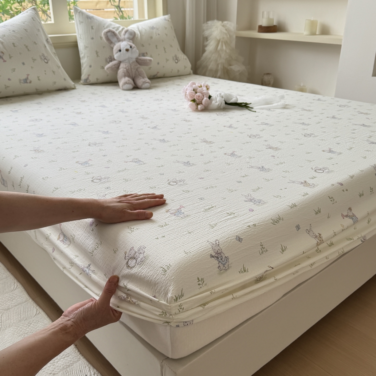 91家纺网 家纺一手货源 找家纺 叠派家纺 2025新款A类双层纱提花单品系列-单床笠 音乐小兔