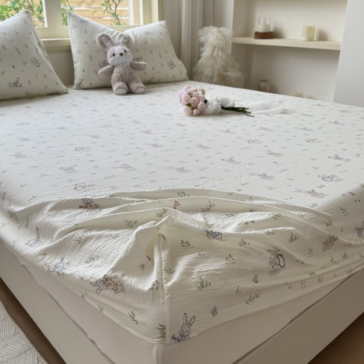 91家纺网 家纺一手货源 找家纺 叠派家纺 2025新款A类双层纱提花单品系列-单床笠 音乐小兔