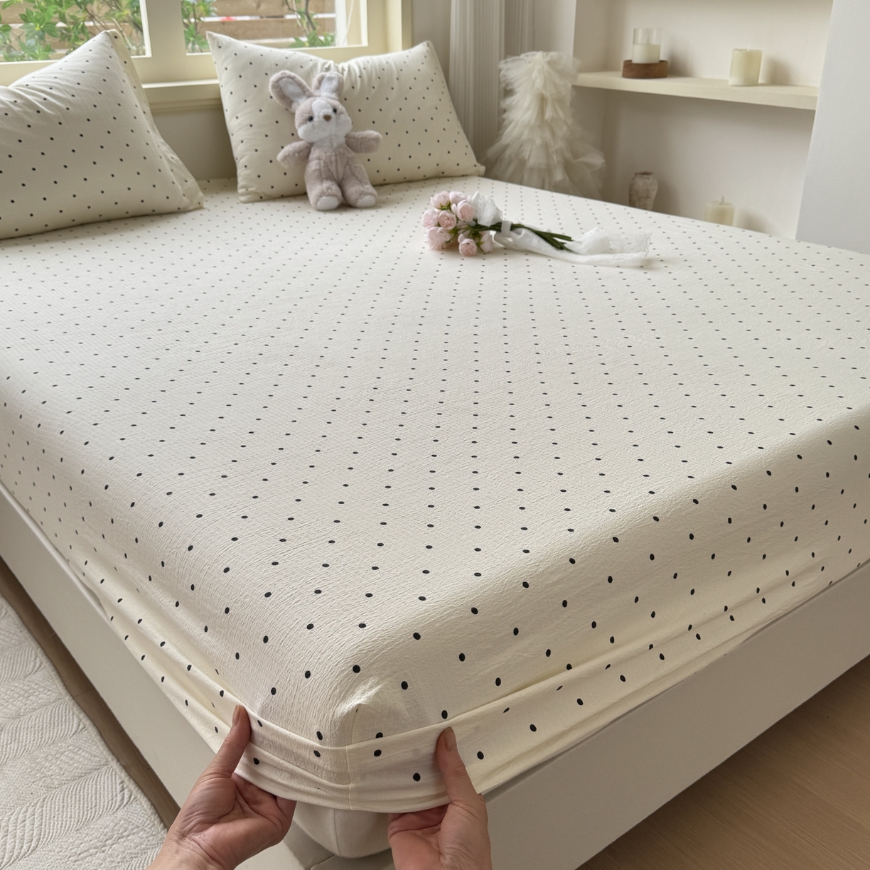 91家纺网 家纺一手货源 找家纺 叠派家纺 2025新款A类双层纱提花单品系列-单床笠 圆点