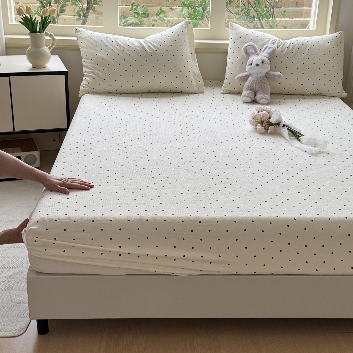 91家纺网 家纺一手货源 找家纺 叠派家纺 2025新款A类双层纱提花单品系列-单床笠 圆点