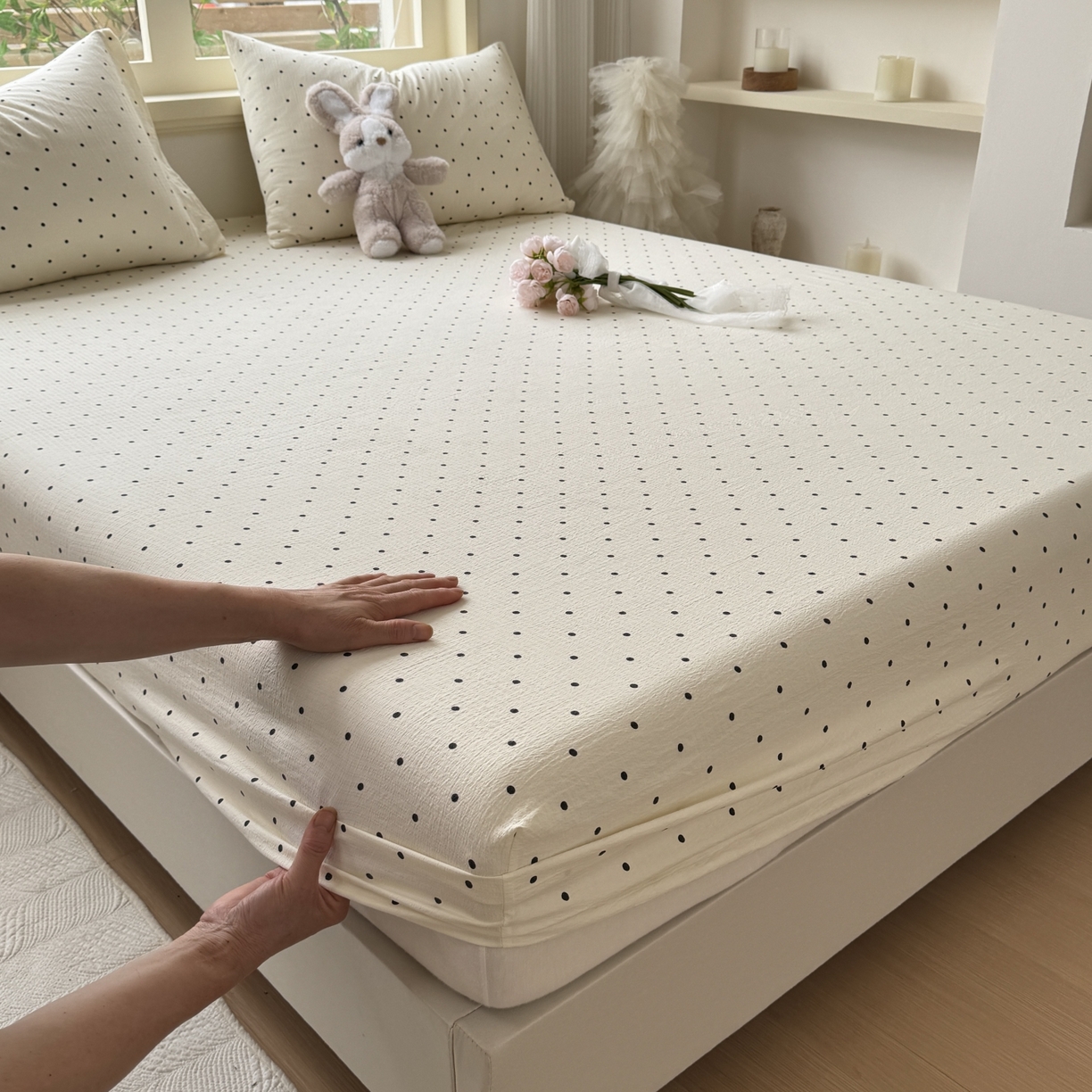 91家纺网 家纺一手货源 找家纺 叠派家纺 2025新款A类双层纱提花单品系列-单床笠 圆点