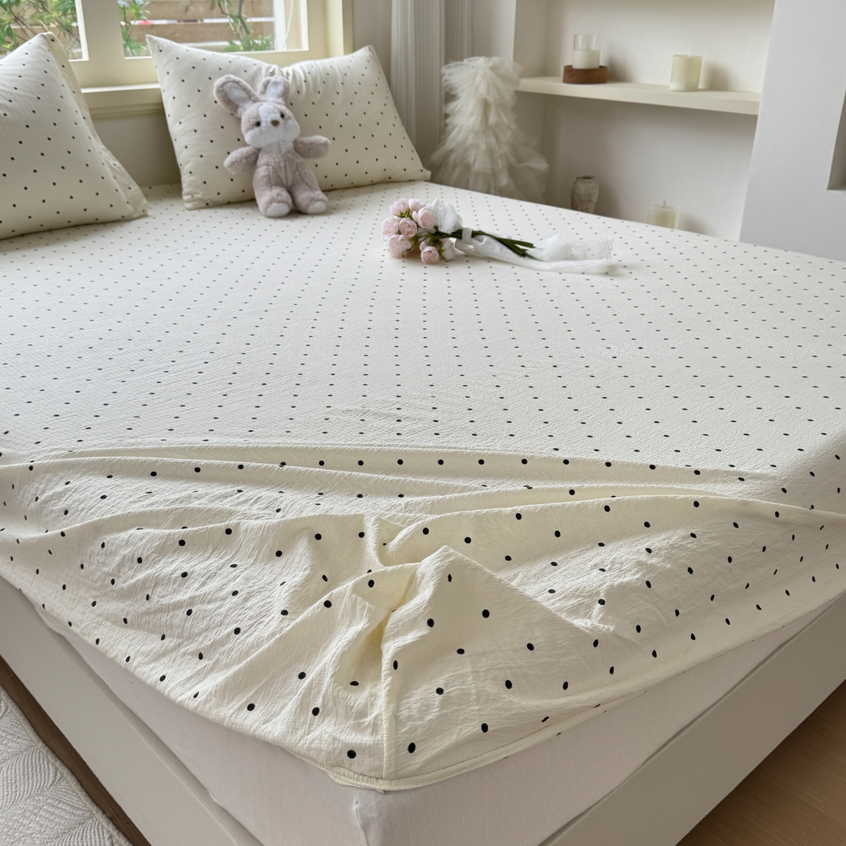 91家纺网 家纺一手货源 找家纺 叠派家纺 2025新款A类双层纱提花单品系列-单床笠 圆点