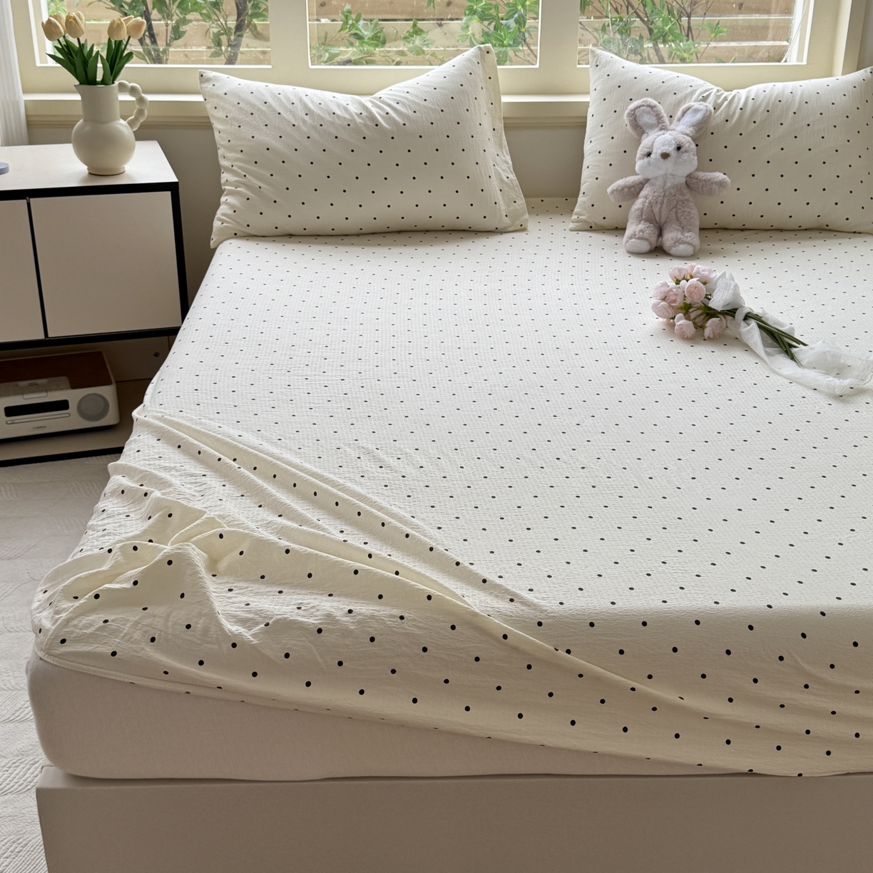 91家纺网 家纺一手货源 找家纺 叠派家纺 2025新款A类双层纱提花单品系列-单床笠 圆点