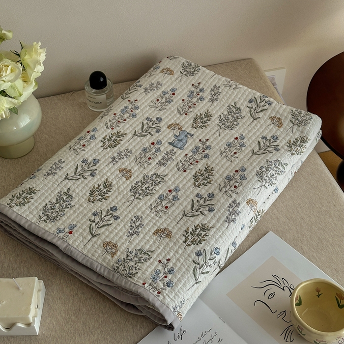 91家纺网 家纺一手货源 找家纺 橙子家居 2024新款A类高温砂洗木棉印花床盖三件套夹层新疆棉花四季款-实拍图 薰衣草