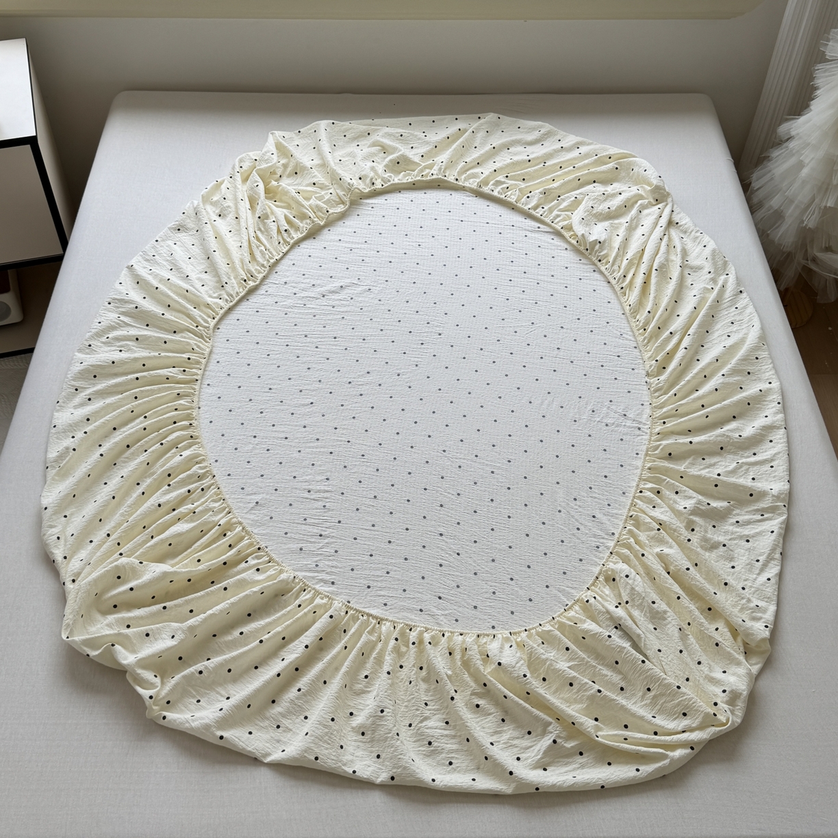 91家纺网 家纺一手货源 找家纺 叠派家纺 2025新款A类双层纱提花单品系列-单床笠 圆点