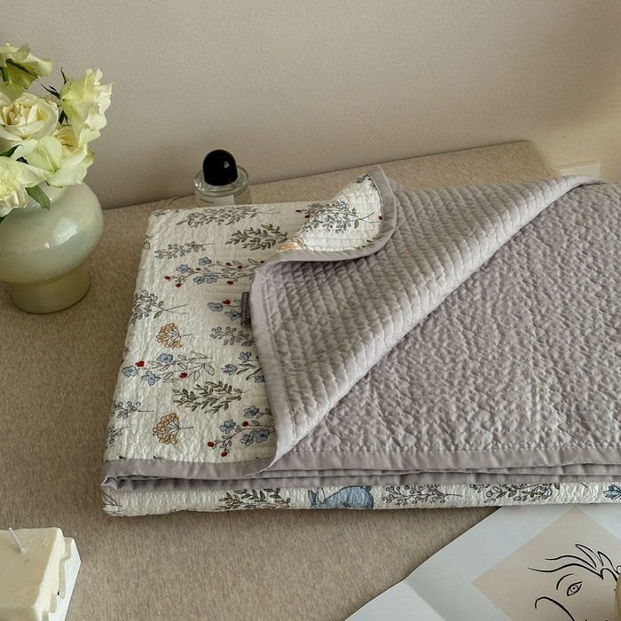 91家纺网 家纺一手货源 找家纺 橙子家居 2024新款A类高温砂洗木棉印花床盖三件套夹层新疆棉花四季款-实拍图 薰衣草