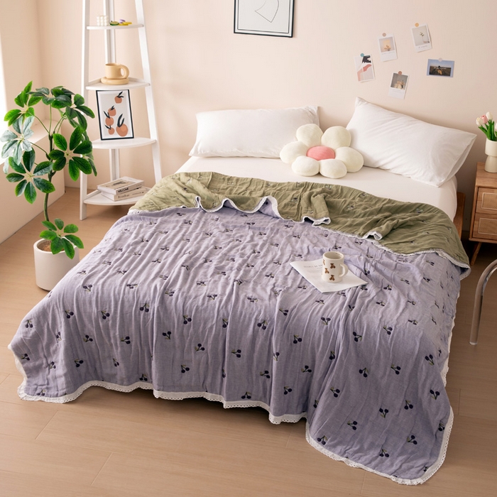 91家纺网 家纺一手货源 找家纺 橙子家居 2024新款韩国泡芙被纯棉五层纱布空调被夏凉被 春秋被 樱桃夏梦-紫