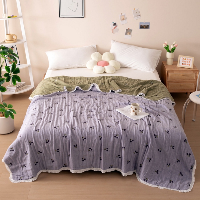 91家纺网 家纺一手货源 找家纺 橙子家居 2024新款韩国泡芙被纯棉五层纱布空调被夏凉被 春秋被 樱桃夏梦-紫