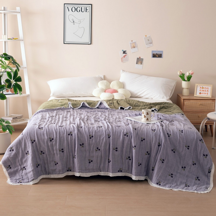 91家纺网 家纺一手货源 找家纺 橙子家居 2024新款韩国泡芙被纯棉五层纱布空调被夏凉被 春秋被 樱桃夏梦-紫
