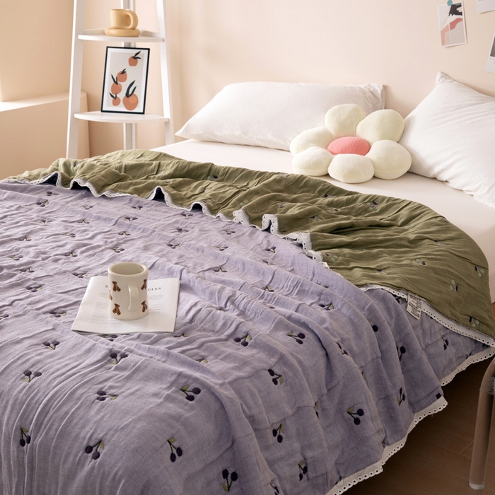 91家纺网 家纺一手货源 找家纺 橙子家居 2024新款韩国泡芙被纯棉五层纱布空调被夏凉被 春秋被 樱桃夏梦-紫