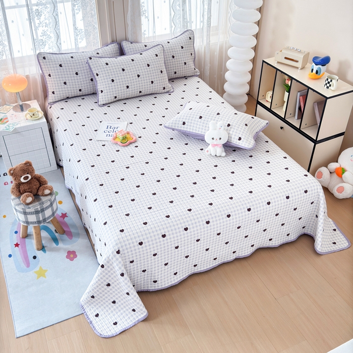 91家纺网 家纺一手货源 找家纺 橙子家居 2024新款A类木棉印花床盖三件套四季款夹层新疆棉花 爱心格