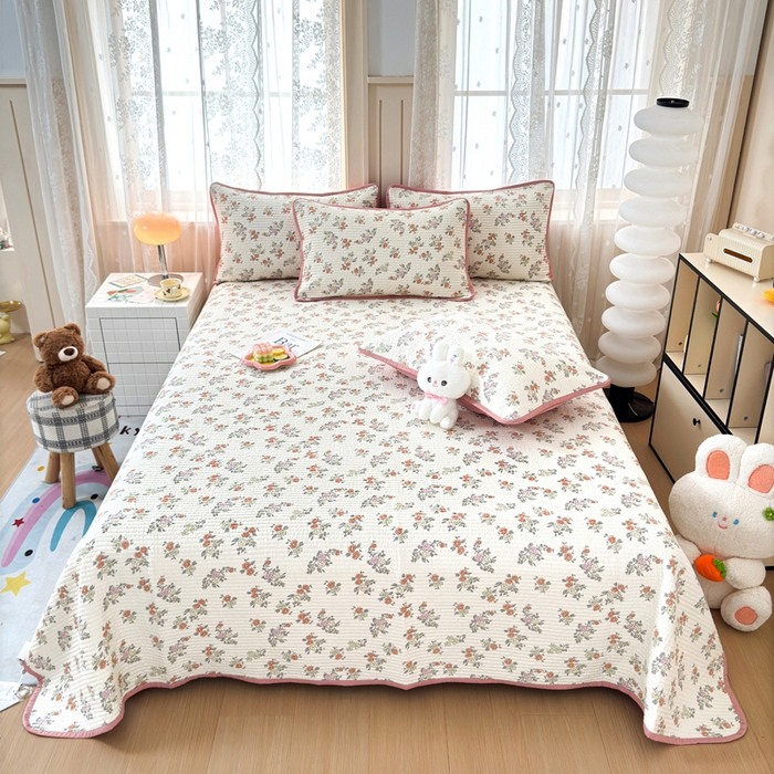 橙子家居 2024新款A类木棉印花床盖三件套四季款夹层新疆棉花 繁花似锦