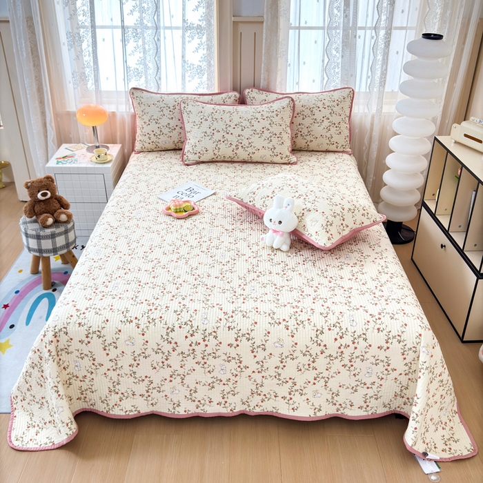 橙子家居 2024新款A类木棉印花床盖三件套四季款夹层新疆棉花 免仙子