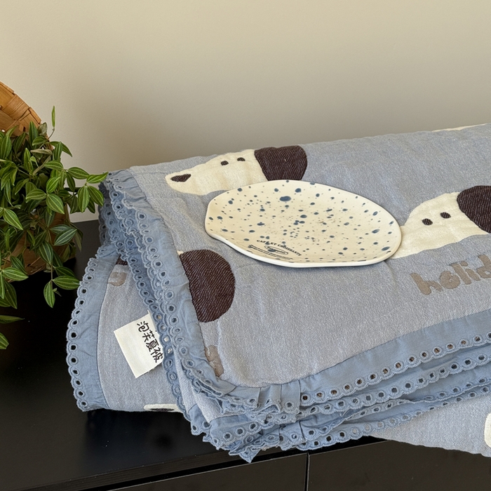 91家纺网 家纺一手货源 找家纺 橙子家居 2025新款韩国泡芙被纯棉五层纱布夏被夏凉被空调被 趴趴狗