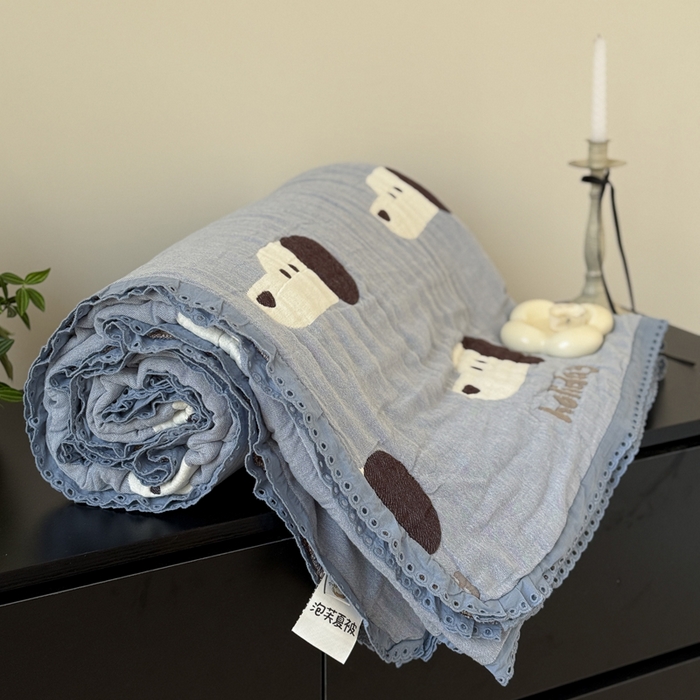 91家纺网 家纺一手货源 找家纺 橙子家居 2025新款韩国泡芙被纯棉五层纱布夏被夏凉被空调被 趴趴狗