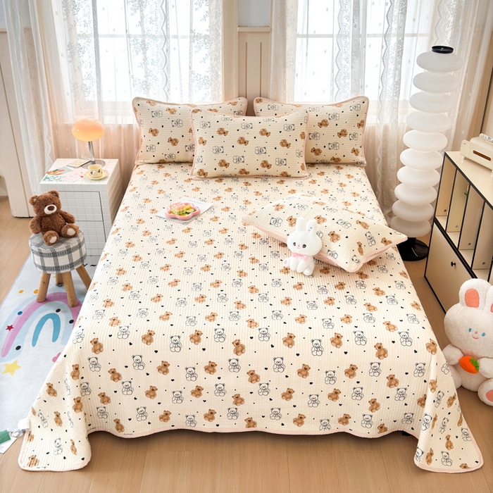 橙子家居 2024新款A类木棉印花床盖三件套四季款夹层新疆棉花 小熊派对