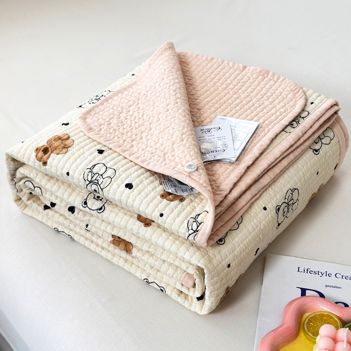 91家纺网 家纺一手货源 找家纺 橙子家居 2024新款A类木棉印花床盖三件套四季款夹层新疆棉花 小熊派对