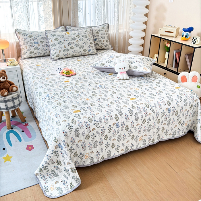 91家纺网 家纺一手货源 找家纺 橙子家居 2024新款A类木棉印花床盖三件套四季款夹层新疆棉花 薰衣草