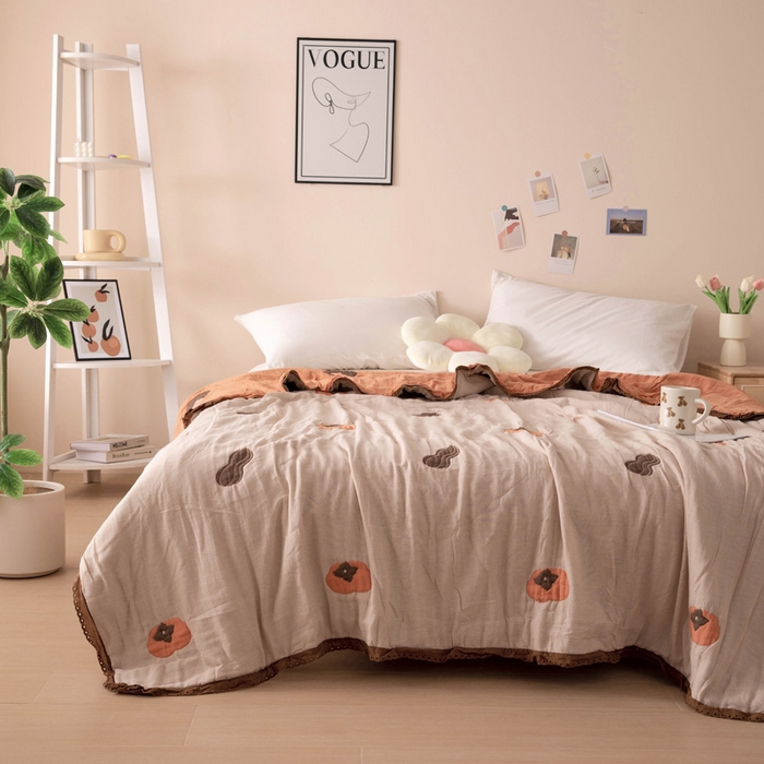 91家纺网 家纺一手货源 找家纺 橙子家居 2025新款韩国泡芙被纯棉五层纱布夏被夏凉被空调被 柿柿如意