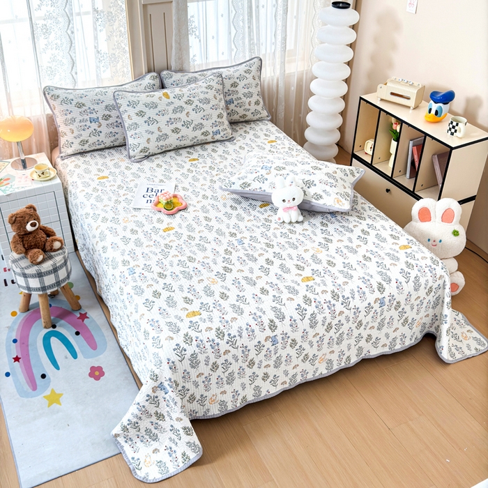 91家纺网 家纺一手货源 找家纺 橙子家居 2024新款A类木棉印花床盖三件套四季款夹层新疆棉花 薰衣草