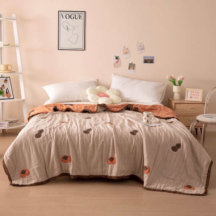 91家纺网 家纺一手货源 找家纺 橙子家居 2025新款韩国泡芙被纯棉五层纱布夏被夏凉被空调被 柿柿如意