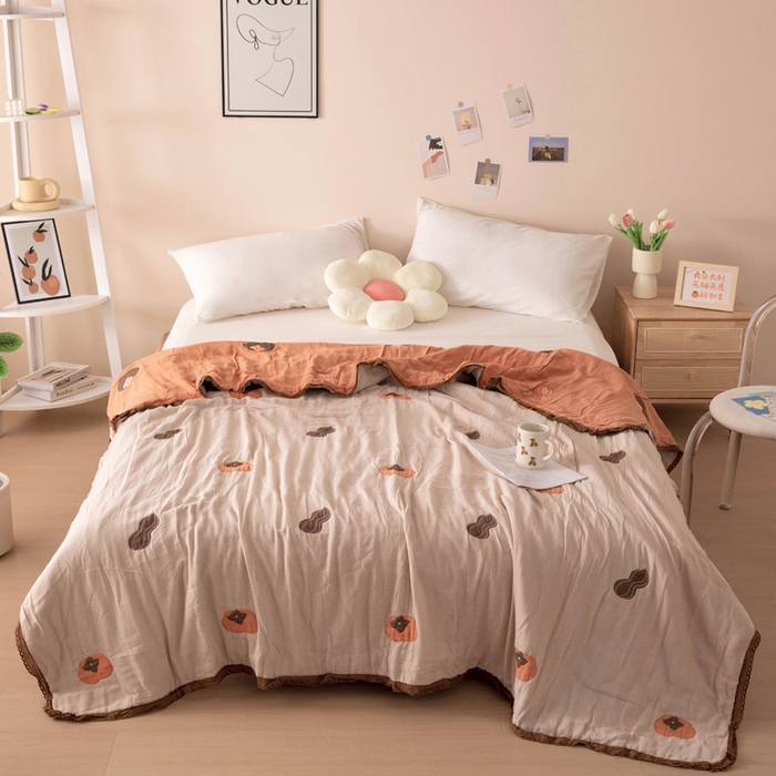 91家纺网 家纺一手货源 找家纺 橙子家居 2025新款韩国泡芙被纯棉五层纱布夏被夏凉被空调被 柿柿如意