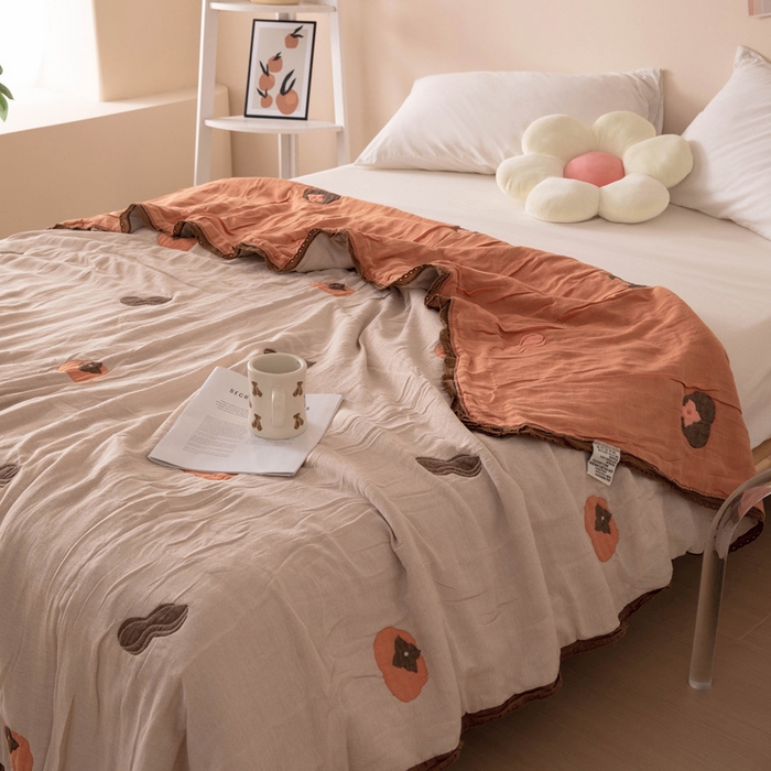 91家纺网 家纺一手货源 找家纺 橙子家居 2025新款韩国泡芙被纯棉五层纱布夏被夏凉被空调被 柿柿如意