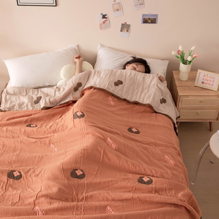 91家纺网 家纺一手货源 找家纺 橙子家居 2025新款韩国泡芙被纯棉五层纱布夏被夏凉被空调被 柿柿如意