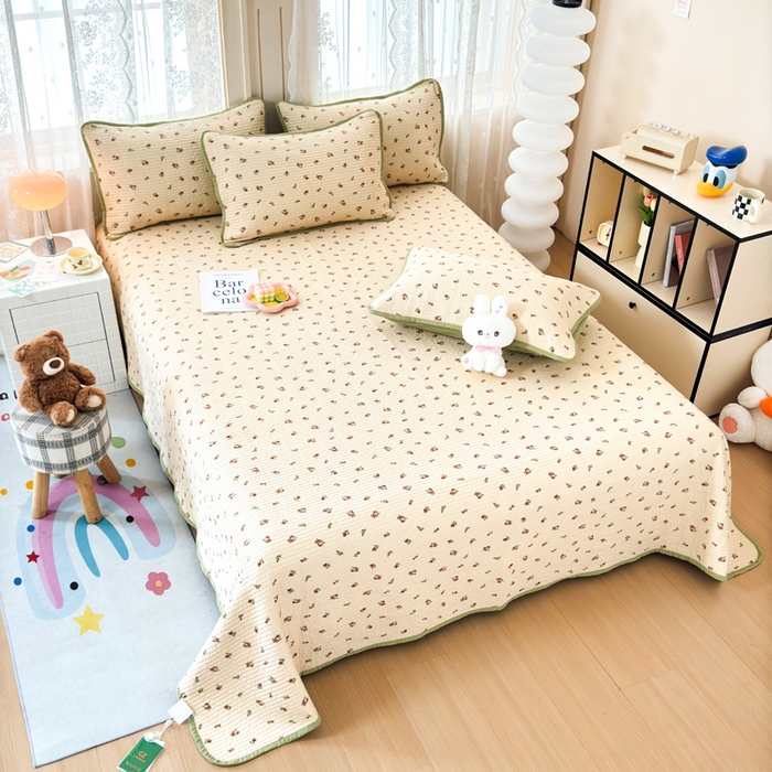 91家纺网 家纺一手货源 找家纺 橙子家居 2024新款A类木棉印花床盖三件套四季款夹层新疆棉花 栀子花