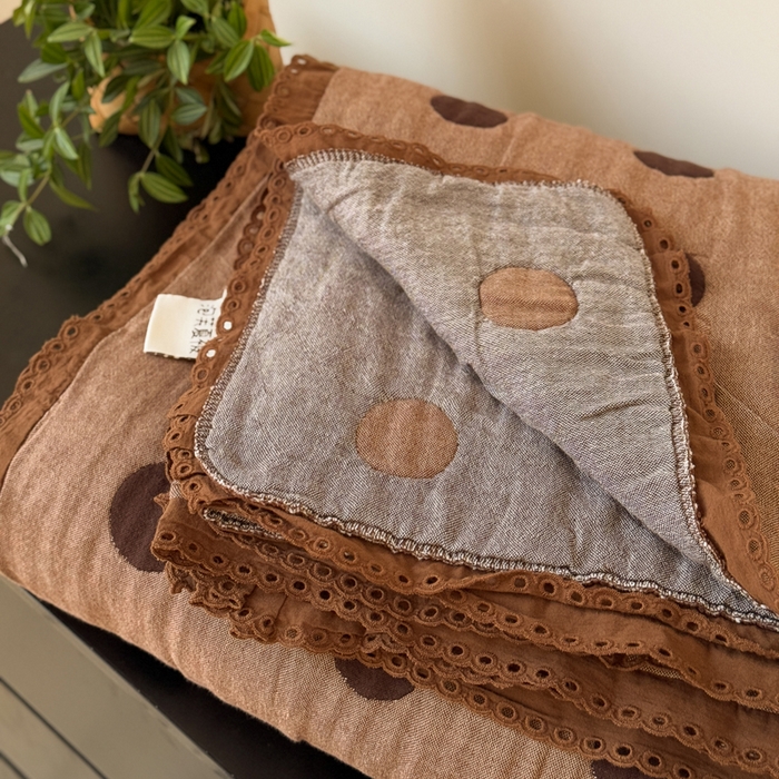 91家纺网 家纺一手货源 找家纺 橙子家居 2025新款韩国泡芙被纯棉五层纱布夏被夏凉被空调被 圆点咖