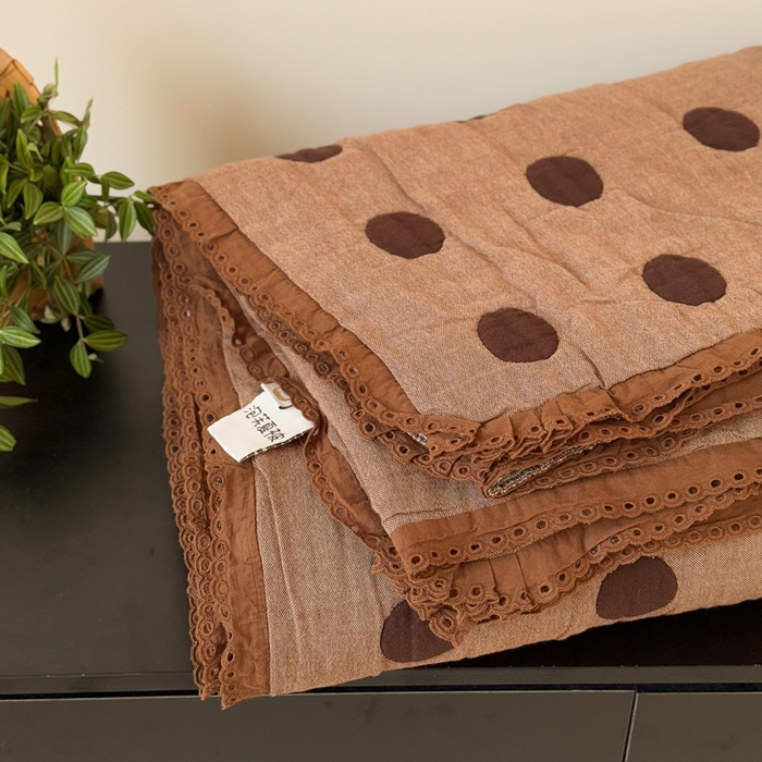 91家纺网 家纺一手货源 找家纺 橙子家居 2025新款韩国泡芙被纯棉五层纱布夏被夏凉被空调被 圆点咖