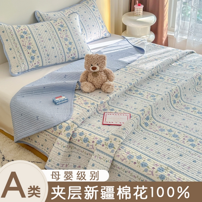 橙子家居 2025新款双面纯棉夹层新疆棉花数码印花系列床盖单件-单床盖 花蔓蓝