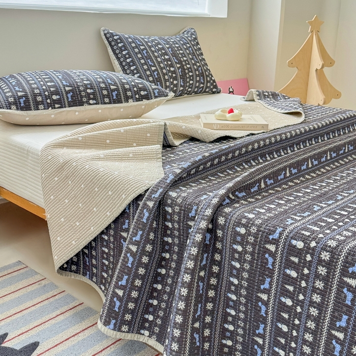 91家纺网 家纺一手货源 找家纺 橙子家居 2025新款双面全棉纯棉13372印花棉花床盖三件套-第二批 波西米亚黑