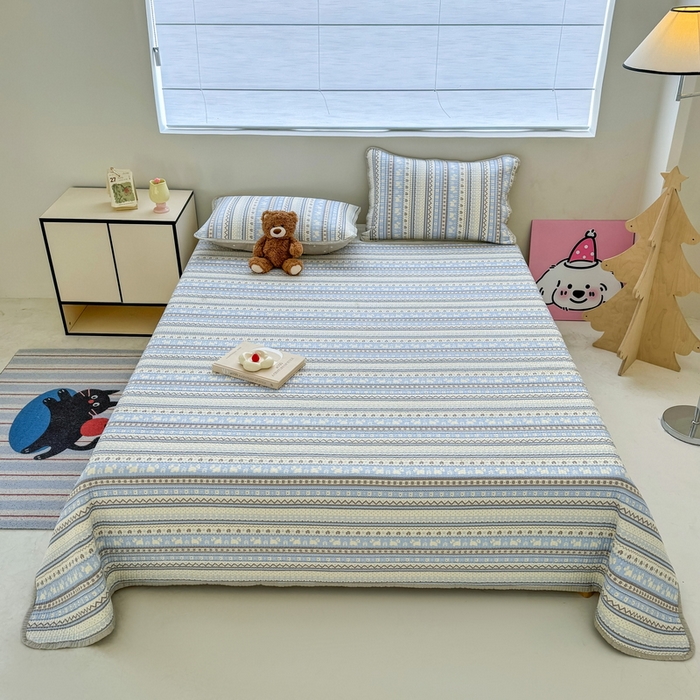 91家纺网 家纺一手货源 找家纺 橙子家居 2025新款双面全棉纯棉13372印花棉花床盖三件套-第二批 波西米亚浅蓝