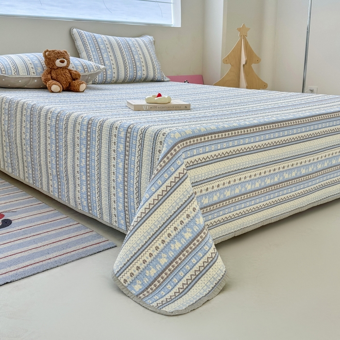 91家纺网 家纺一手货源 找家纺 橙子家居 2025新款双面全棉纯棉13372印花棉花床盖三件套-第二批 波西米亚浅蓝