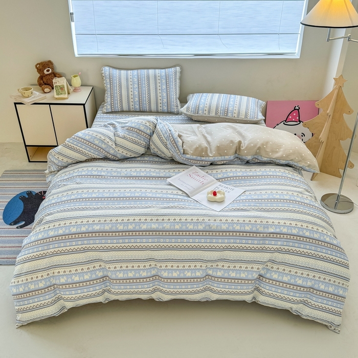 91家纺网 家纺一手货源 找家纺 橙子家居 2025新款双面全棉纯棉13372印花棉花床盖三件套-第二批 波西米亚浅蓝