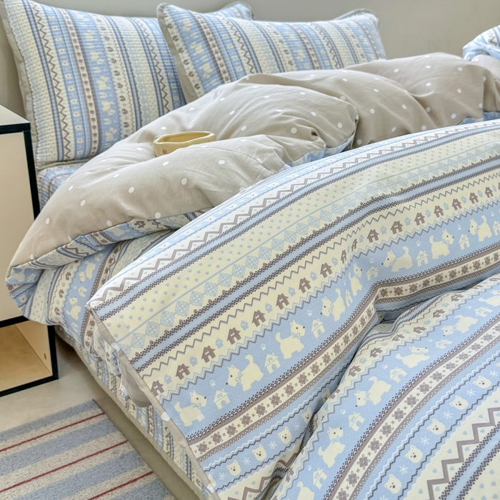 91家纺网 家纺一手货源 找家纺 橙子家居 2025新款双面全棉纯棉13372印花棉花床盖三件套-第二批 波西米亚浅蓝