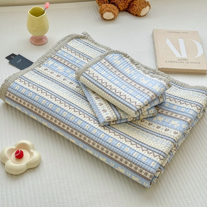 91家纺网 家纺一手货源 找家纺 橙子家居 2025新款双面全棉纯棉13372印花棉花床盖三件套-第二批 波西米亚浅蓝