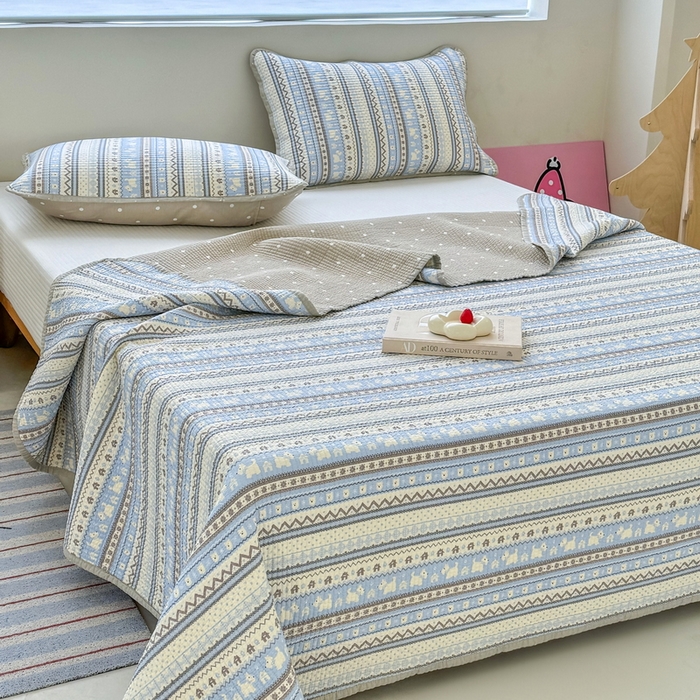 91家纺网 家纺一手货源 找家纺 橙子家居 2025新款双面全棉纯棉13372印花棉花床盖三件套-第二批 波西米亚浅蓝