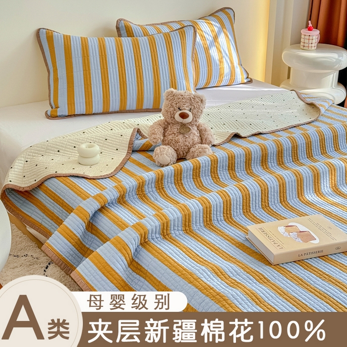 橙子家居 2025新款双面纯棉夹层新疆棉花数码印花系列床盖单件-单床盖 黄宽条