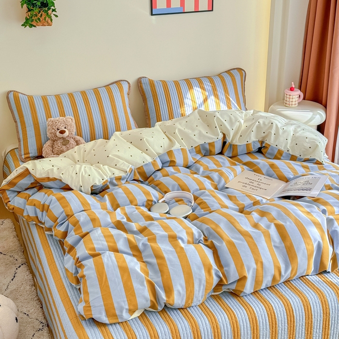 91家纺网 家纺一手货源 找家纺 橙子家居 2025新款双面纯棉夹层新疆棉花数码印花系列床盖单件-单床盖 黄宽条