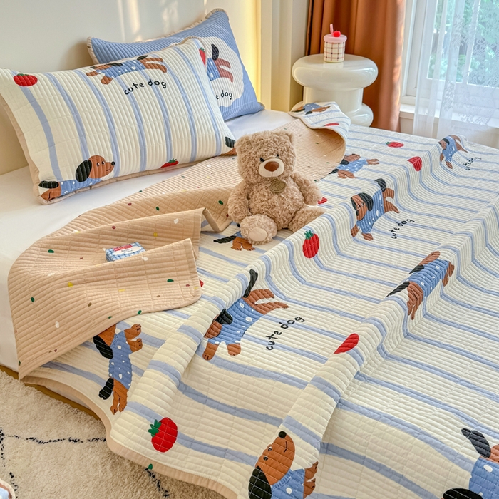 91家纺网 家纺一手货源 找家纺 橙子家居 2025新款双面纯棉夹层新疆棉花数码印花系列床盖单件-单床盖 柿柿狗