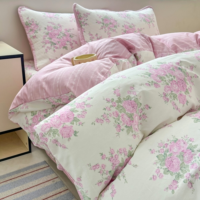 91家纺网 家纺一手货源 找家纺 橙子家居 2025新款双面全棉纯棉13372印花棉花床盖三件套-第二批 苏亚粉