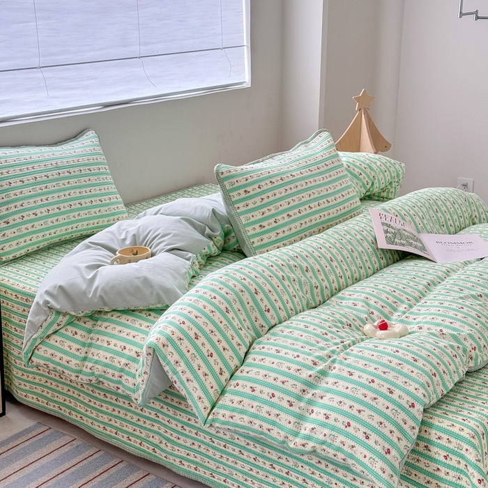 91家纺网 家纺一手货源 找家纺 橙子家居 2025新款双面全棉纯棉13372印花棉花床盖三件套-第二批 雾夏-绿