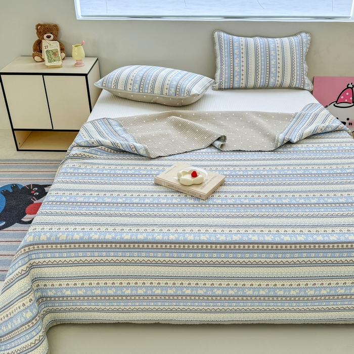 91家纺网 家纺一手货源 找家纺 橙子家居 2025新款双面全棉纯棉13372印花棉花床盖四件套-第二批 波西米亚浅蓝