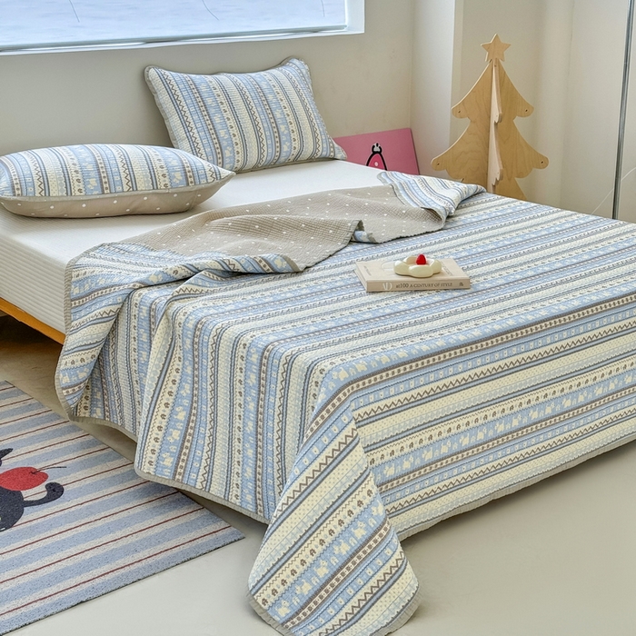 91家纺网 家纺一手货源 找家纺 橙子家居 2025新款双面全棉纯棉13372印花棉花床盖四件套-第二批 波西米亚浅蓝