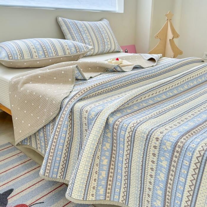 91家纺网 家纺一手货源 找家纺 橙子家居 2025新款双面全棉纯棉13372印花棉花床盖四件套-第二批 波西米亚浅蓝