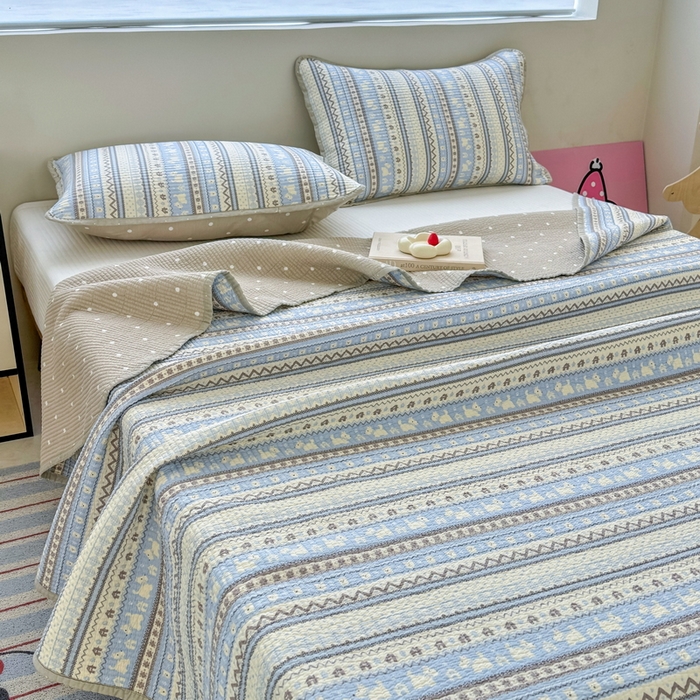 91家纺网 家纺一手货源 找家纺 橙子家居 2025新款双面全棉纯棉13372印花棉花床盖四件套-第二批 波西米亚浅蓝